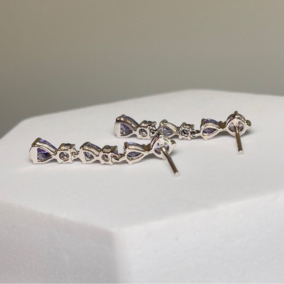 925 Silver Round and Pear Shaped December Birthstone Tanzanite Dangle Earrings - Picture 11 of 17